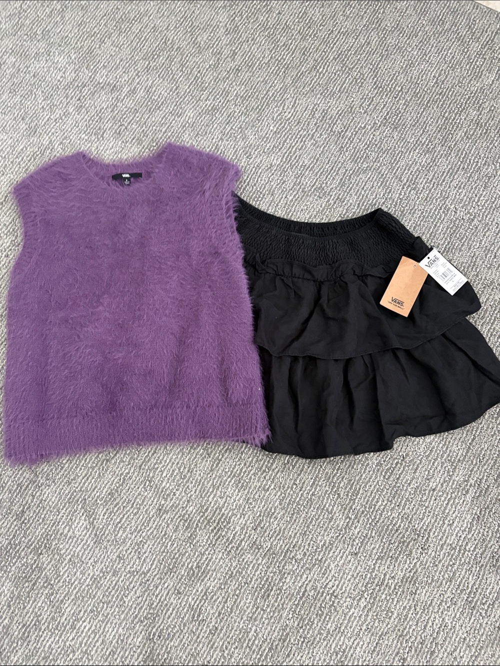 Vans Bundle Purple Fuzzy Knit Sleeveless Top with Black Tiered Skirt